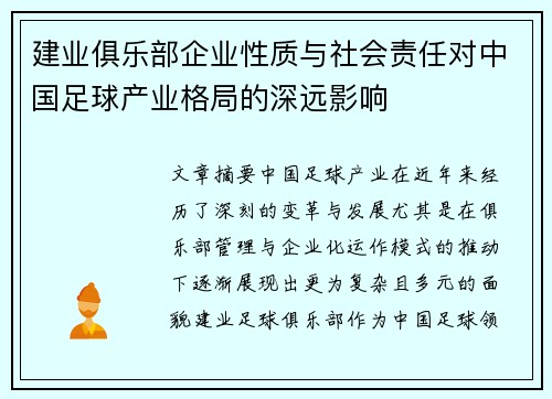 建业俱乐部企业性质与社会责任对中国足球产业格局的深远影响